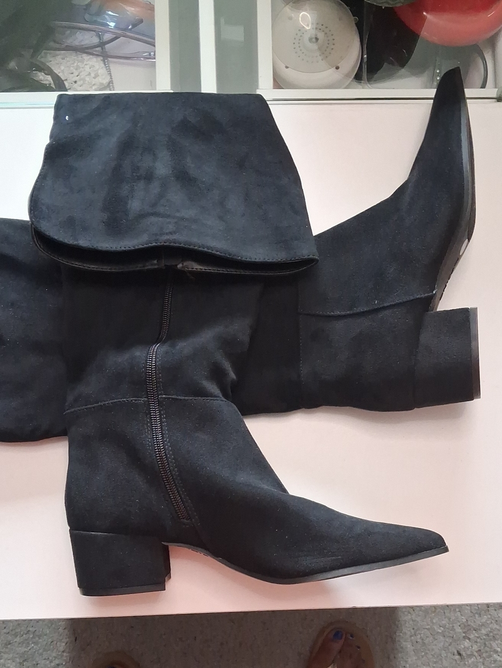 Classic Black Suede Over The Knee Heeled Boots with Side Zip